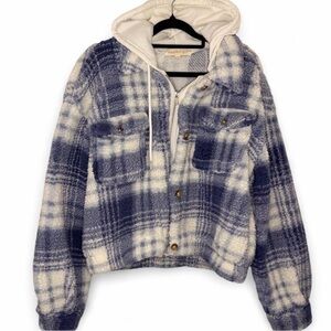 Madden Girl Blue Plaid Sherpa Hooded Shacket - Size XL